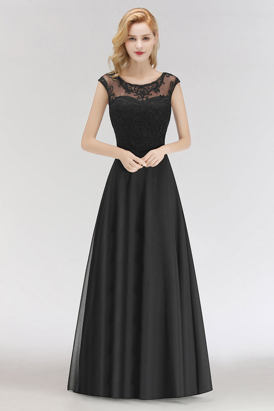 Carregar imagem no visualizador da galeria, Long A-line Chiffon Scoop Sleeveless Lace Black Bridesmaid Dress-BIZTUNNEL
