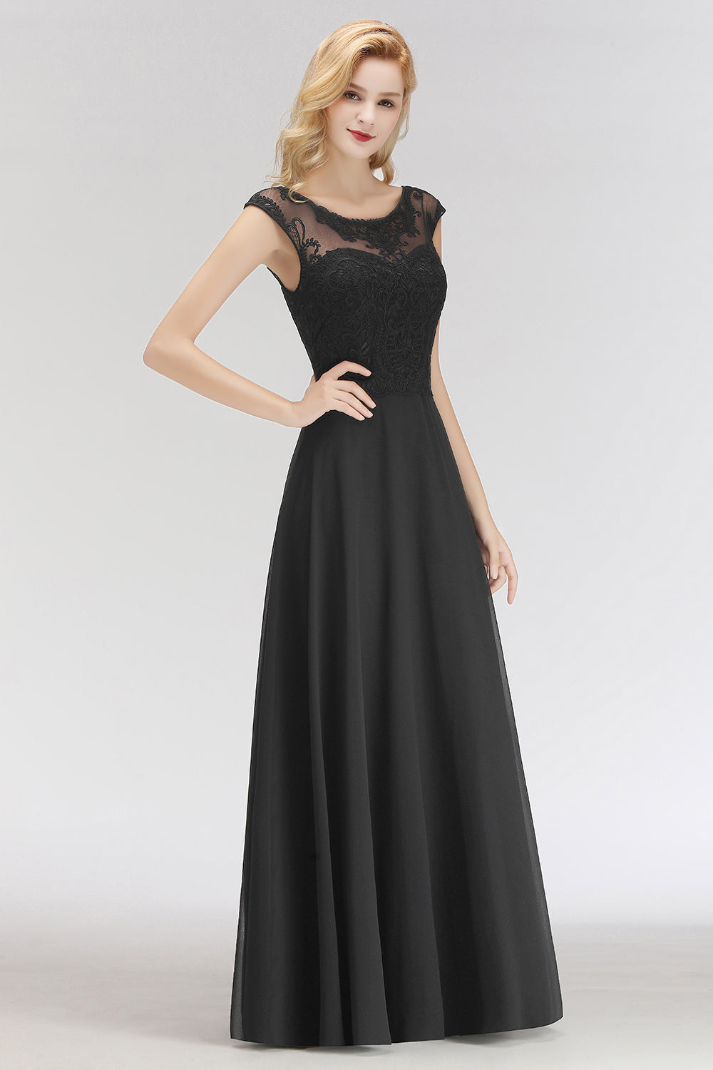Long A-line Chiffon Scoop Sleeveless Lace Black Bridesmaid Dress BIZTUNNEL Long A-line Chiffon Scoop Sleeveless Lace Black Bridesmaid Dress BIZTUNNEL