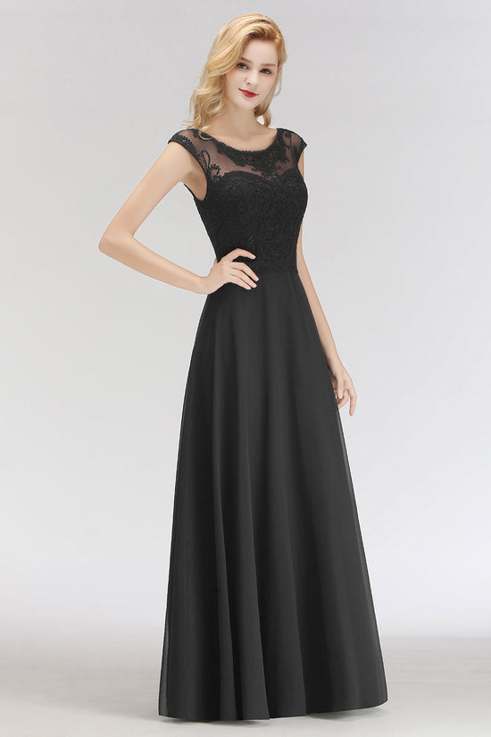 Load image into Gallery viewer, Long A-line Chiffon Scoop Sleeveless Lace Black Bridesmaid Dress-BIZTUNNEL
