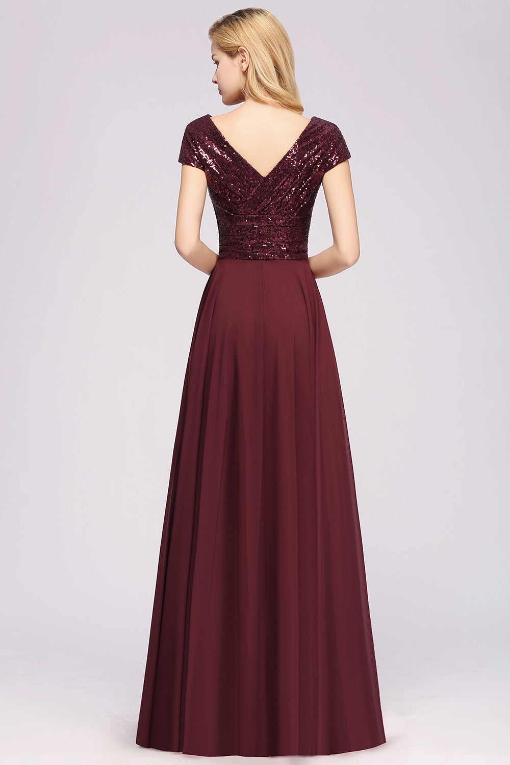 Long A-Line Chiffon Sequined V-Neck Burgundy Bridesmaid Dresses-BIZTUNNEL