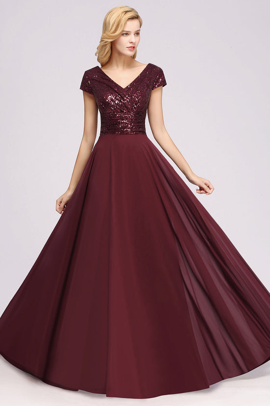 Long A-Line Chiffon Sequined V-Neck Burgundy Bridesmaid Dresses-BIZTUNNEL