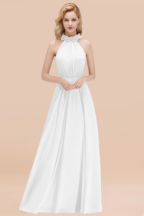 Long A-line Chiffon Sleeveless Ruffled Halter Bridesmaid Dresses-BIZTUNNEL