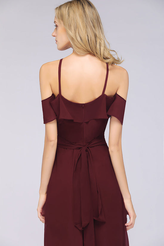Load image into Gallery viewer, Long A-line Chiffon Spaghetti-Straps Burgundy Bridesmaid Dress with Bow Sash-BIZTUNNEL
