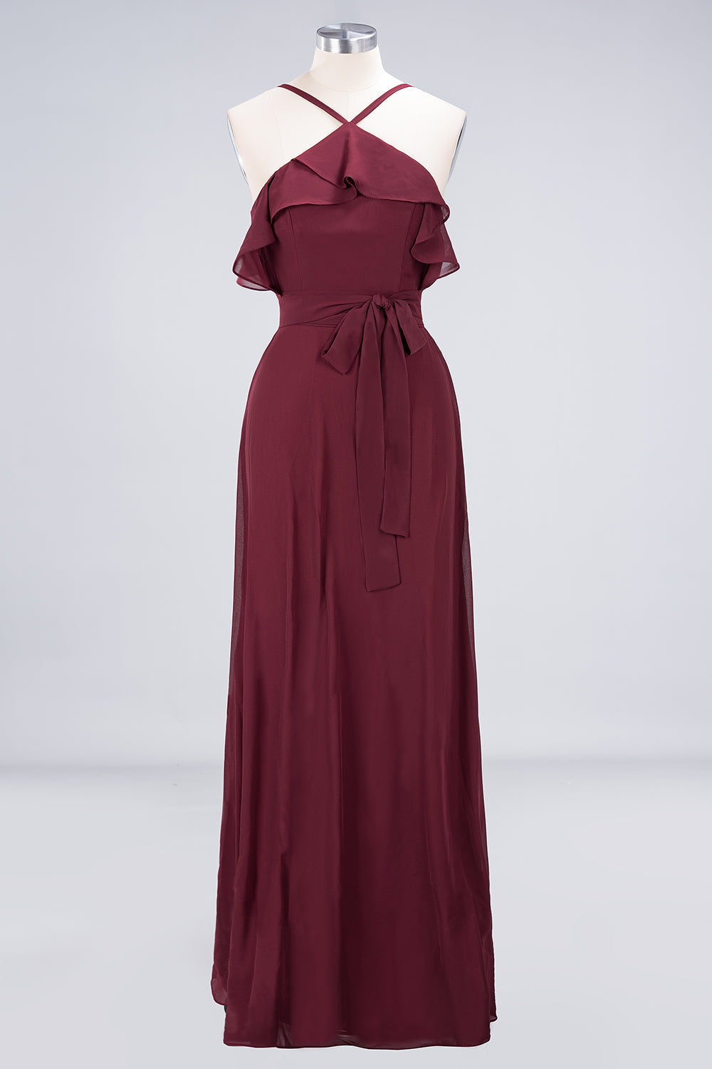 Long A-line Chiffon Spaghetti-Straps Burgundy Bridesmaid Dress with Bow Sash Long A-line Chiffon Spaghetti-Straps Burgundy Bridesmaid Dress with Bow Sash