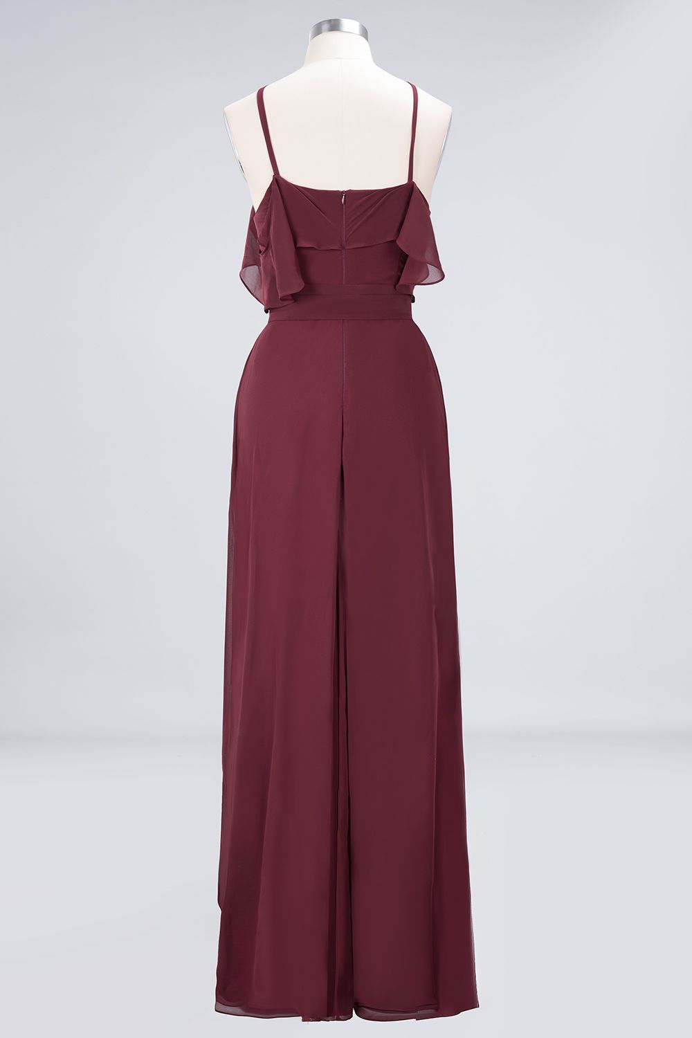 Load image into Gallery viewer, Long A-line Chiffon Spaghetti-Straps Burgundy Bridesmaid Dress with Bow Sash-BIZTUNNEL
