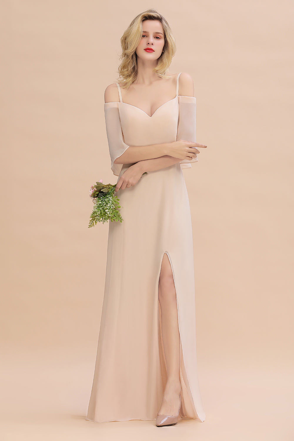 A-Line Cami Strap Chiffon Bridesmaid Dress With Slit in Steel Blue