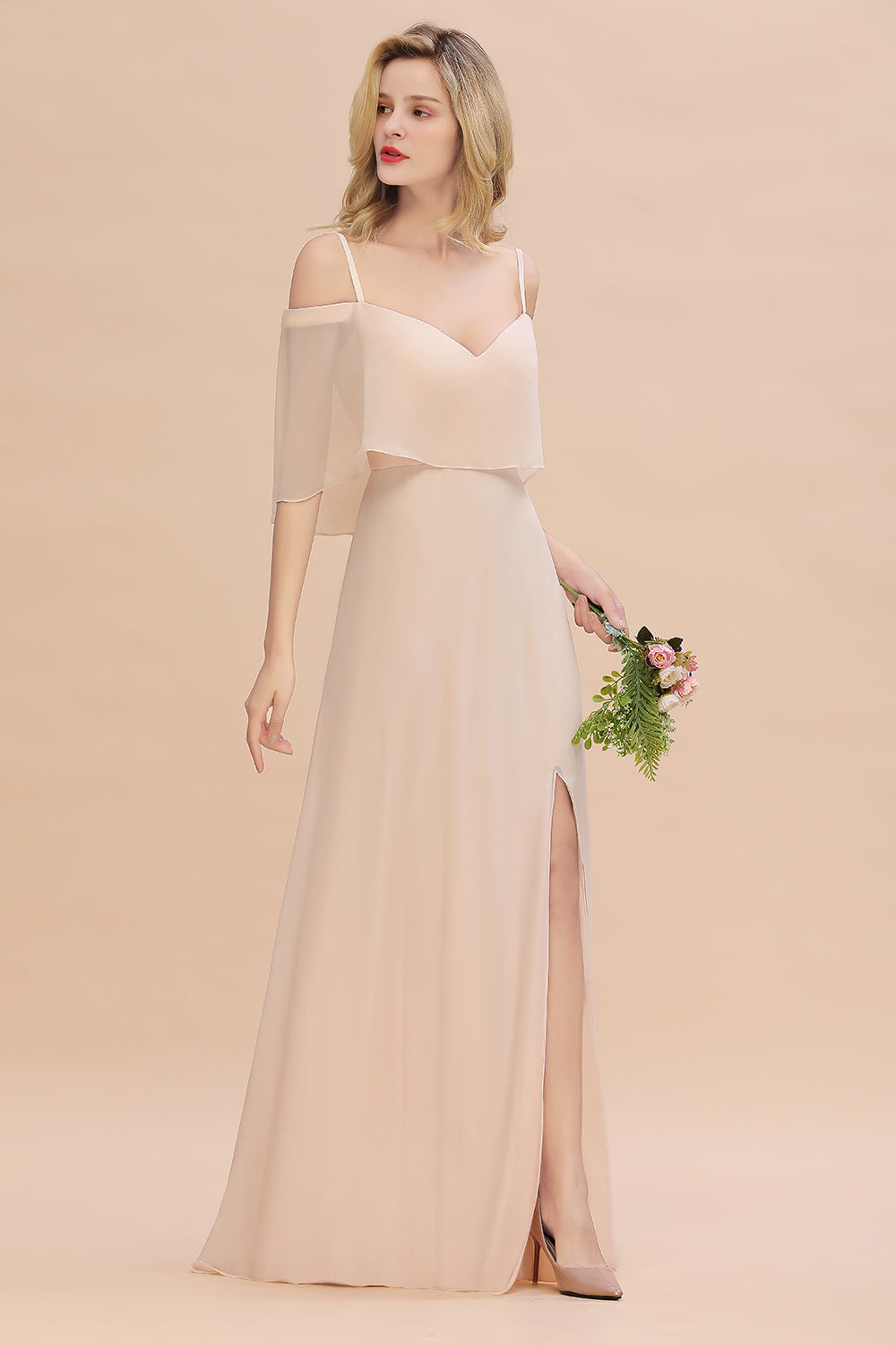 Long A-line Chiffon Spaghetti Straps Side Split Bridesmaid Dress with Sleeves-BIZTUNNEL