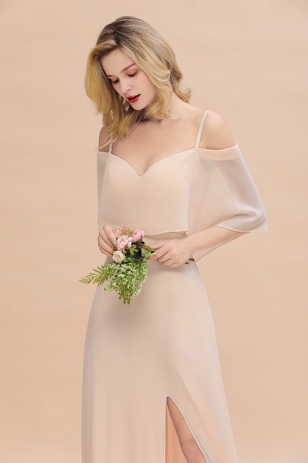 Long A-line Chiffon Spaghetti Straps Side Split Bridesmaid Dress with Sleeves-BIZTUNNEL