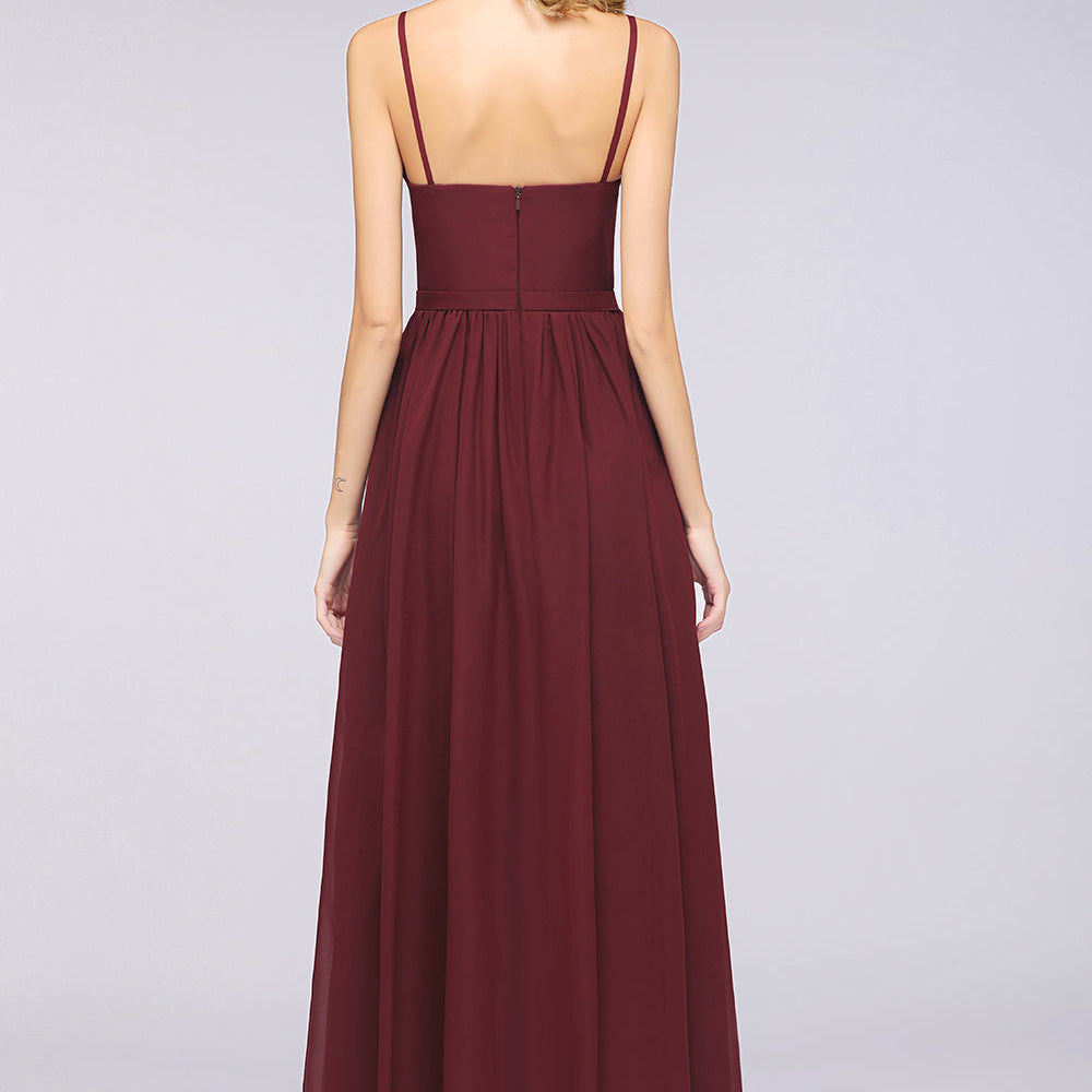 A Line Chiffon Spaghetti Straps V Neck Embroidered Prom Dresses LBQ4298 main image 1