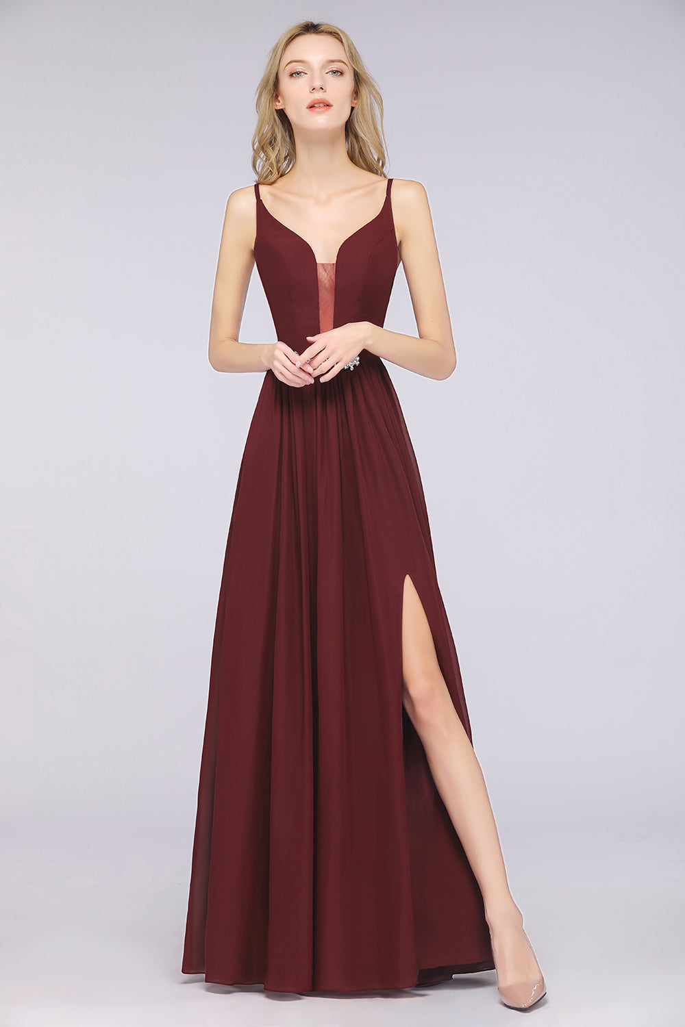 Long A-Line Chiffon Spaghetti Straps V-Neck Bridesmaid Dress with Slit-BIZTUNNEL