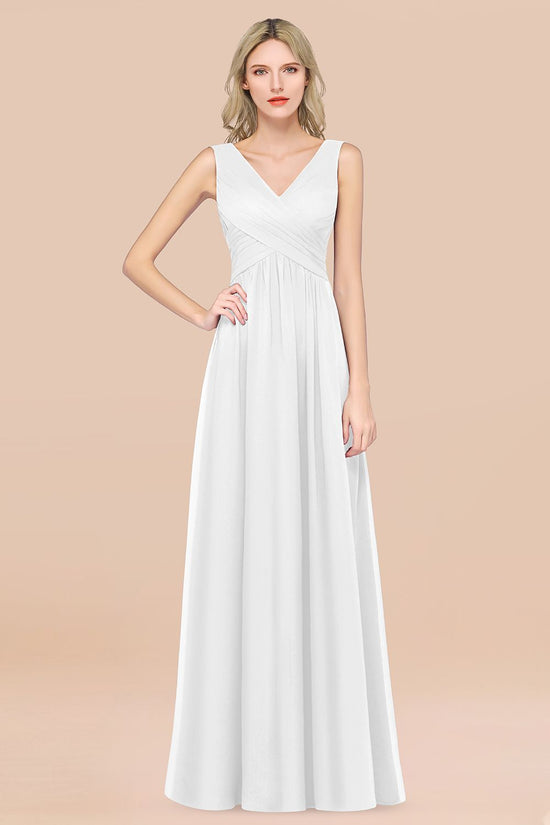 Long A-Line Chiffon Straps V-Neck Sleeveless Bridesmaid Dress with Ruffles-BIZTUNNEL