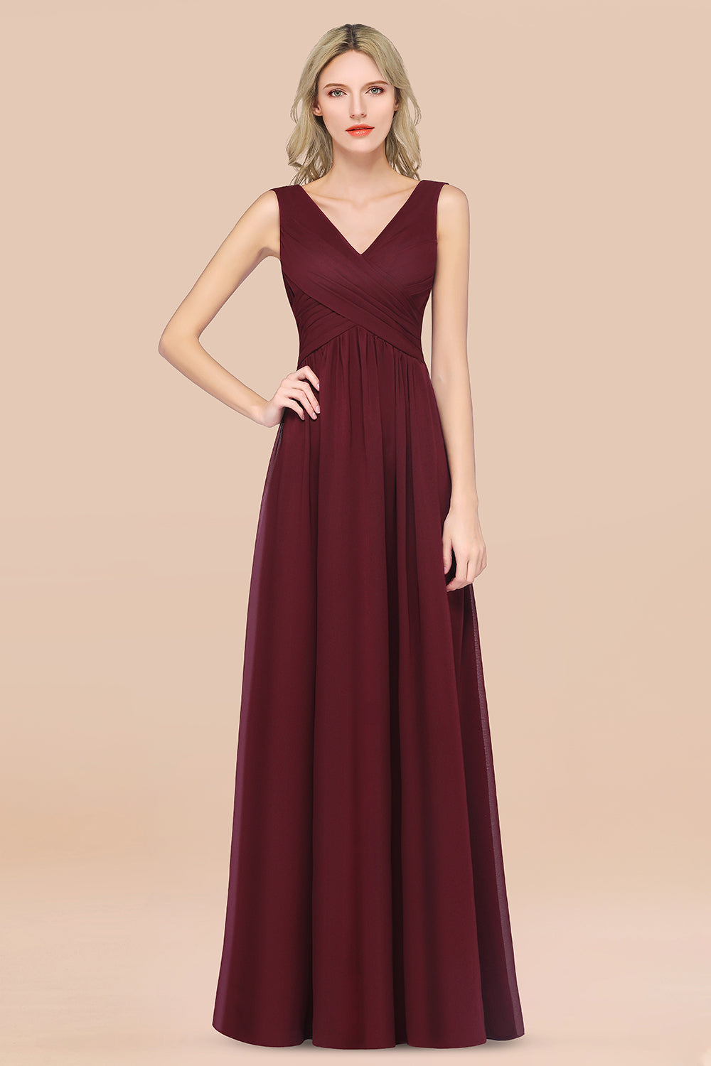 Long A-Line Chiffon Straps V-Neck Sleeveless Bridesmaid Dress with Ruffles-BIZTUNNEL