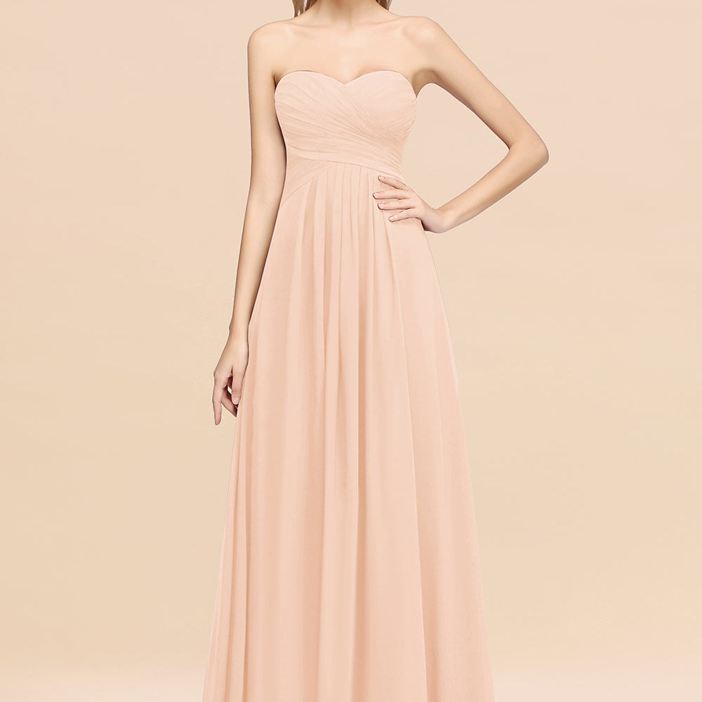 Long A-line Chiffon Sweetheart Strapless Ruffles Bridesmaid Dress