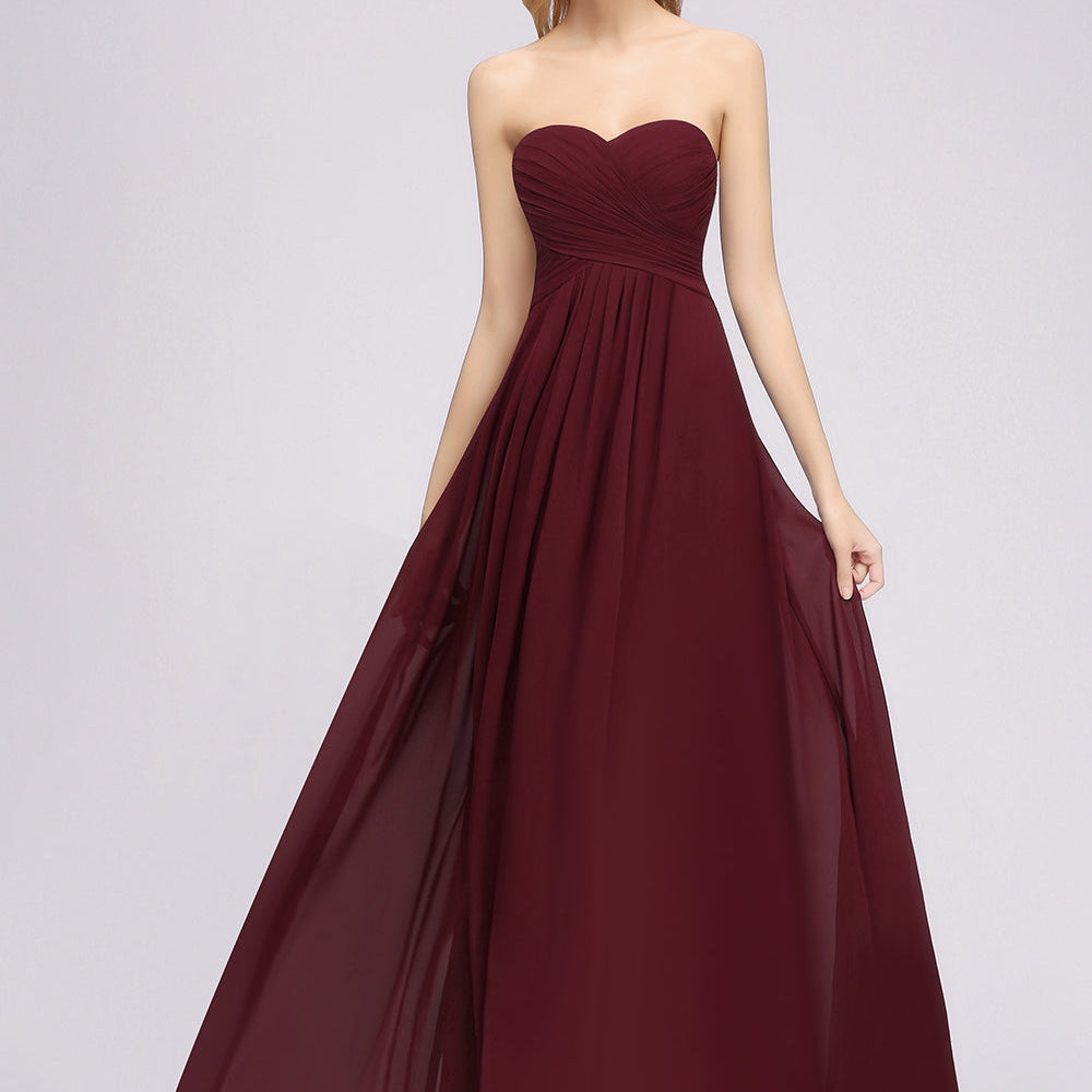Long A-line Chiffon Sweetheart Strapless Ruffles Bridesmaid Dress