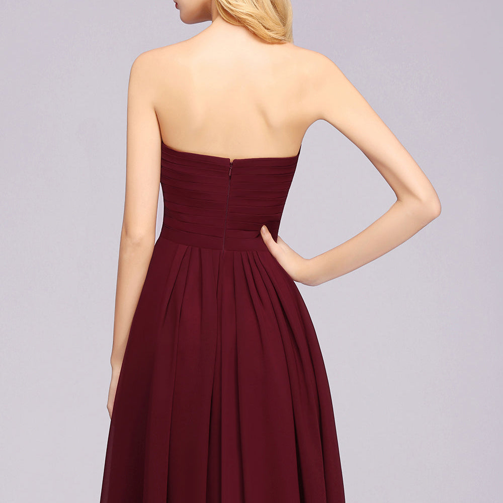 Long A-line Chiffon Sweetheart Strapless Ruffles Bridesmaid Dress
