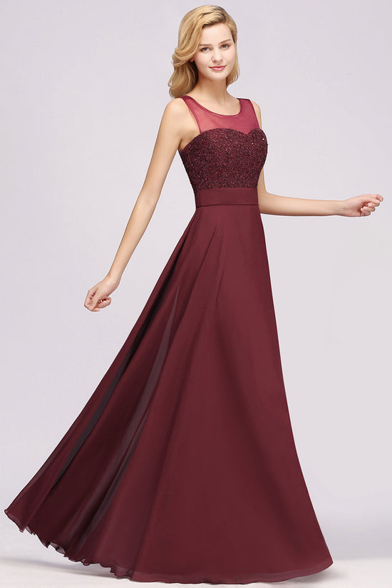 Long A-Line Chiffon Tulle Lace Jewel Bridesmaid Dresses with Sash-BIZTUNNEL