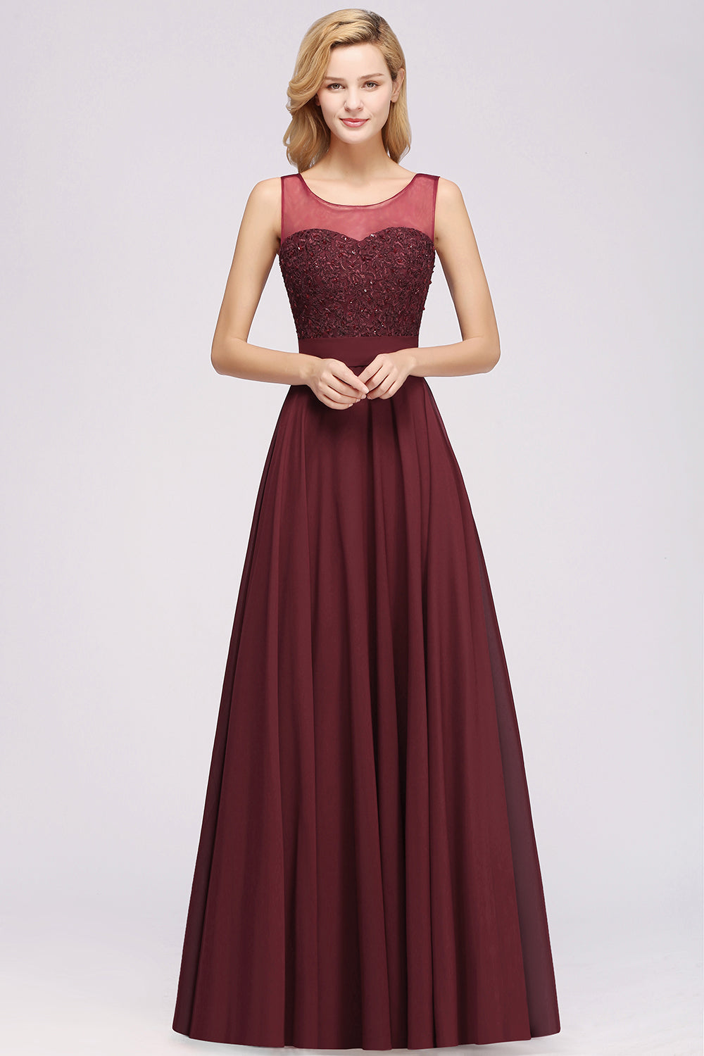 Long A-Line Chiffon Tulle Lace Jewel Bridesmaid Dresses with Sash-BIZTUNNEL