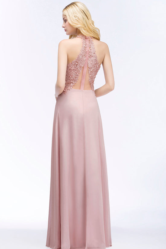 Long A-line Chiffon V-neck Appliques Lace Bridesmaid Dresses with Pearls-BIZTUNNEL