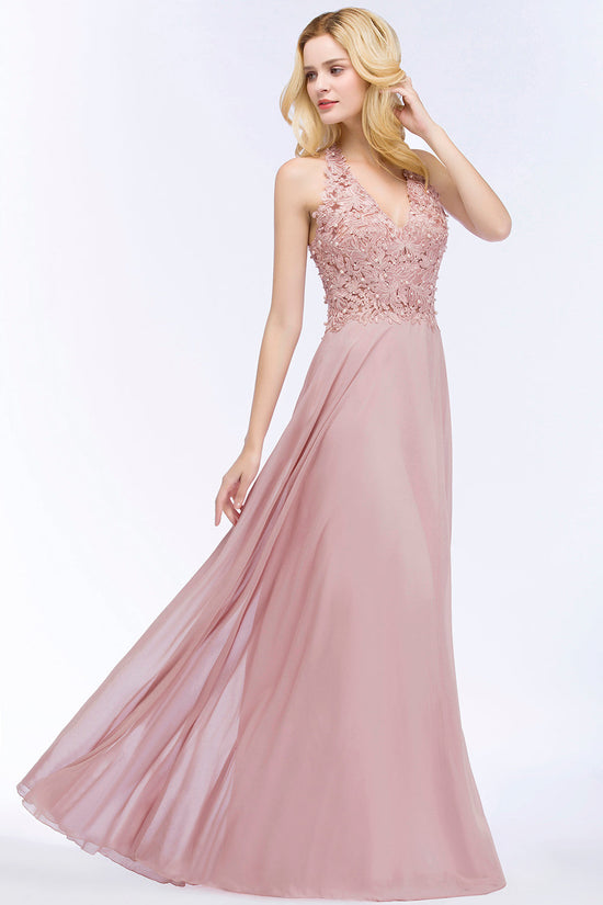 Long A-line Chiffon V-neck Appliques Lace Bridesmaid Dresses with Pearls-BIZTUNNEL