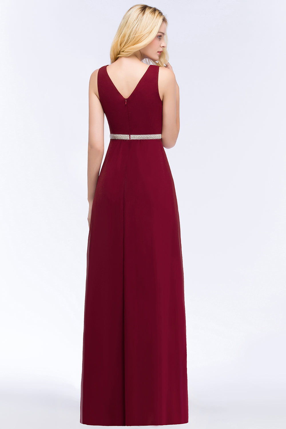 Load image into Gallery viewer, Long A-line Chiffon V-neck Ruffled Bridesmaid Dresses with Beading Sash-BIZTUNNEL
