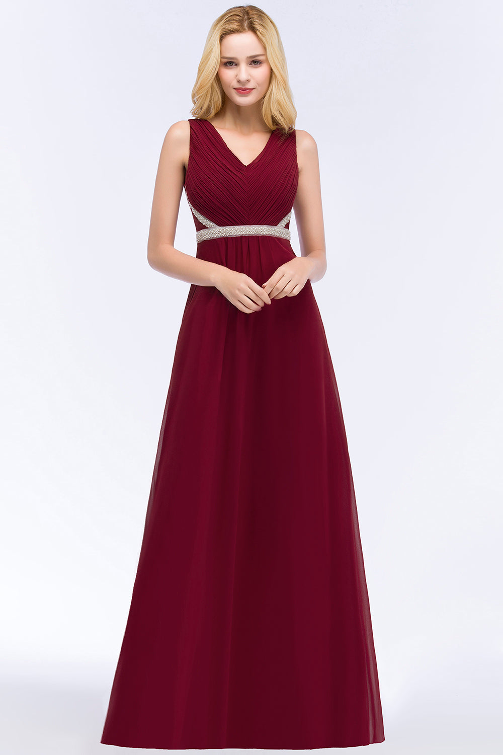 Load image into Gallery viewer, Long A-line Chiffon V-neck Ruffled Bridesmaid Dresses with Beading Sash-BIZTUNNEL
