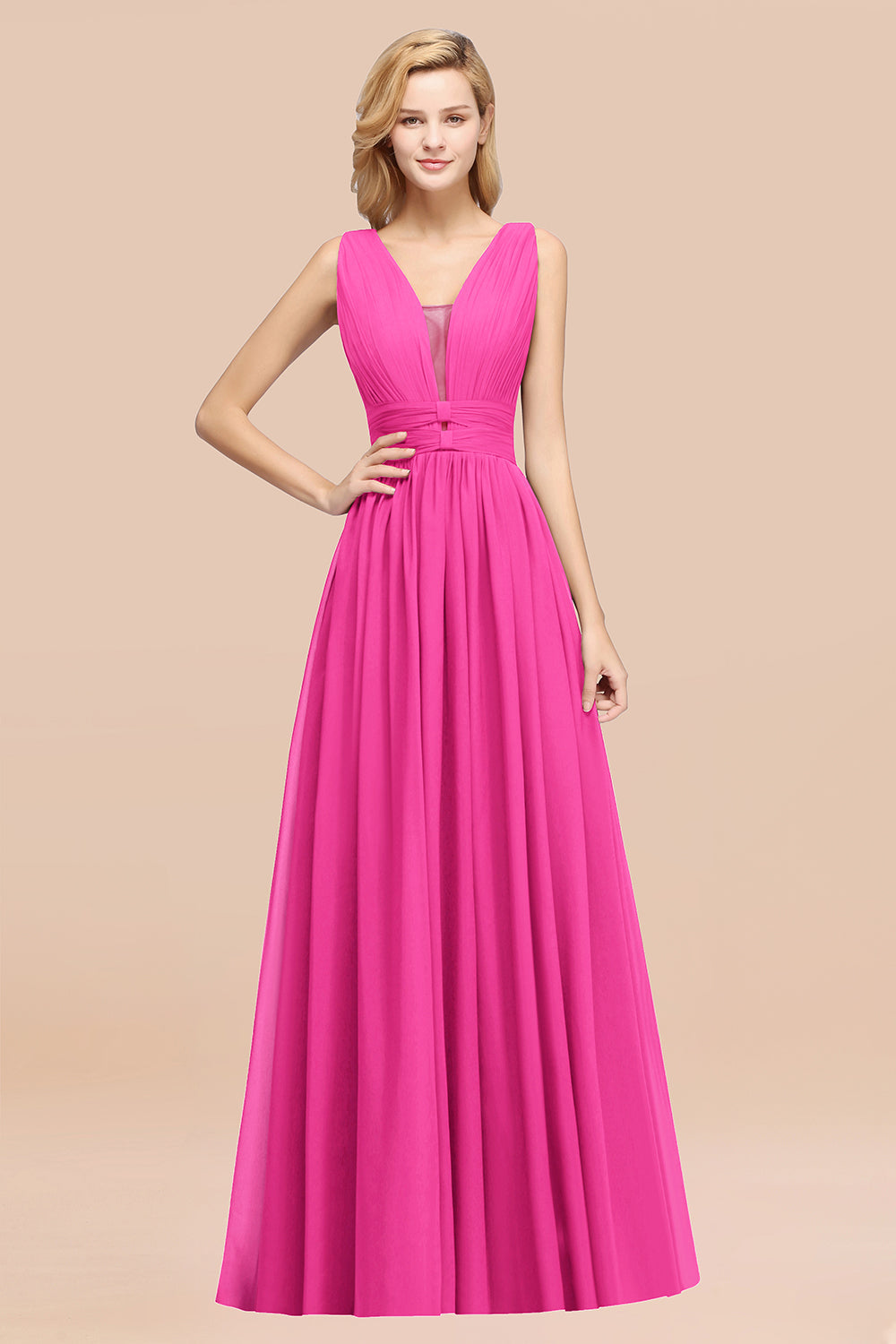 A-Line Chiffon V-Neck Sleeveless Bridesmaid Dress Floor-Length Ruffles Side Split Evening Gown