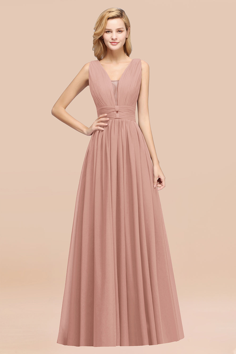 Long A-Line Chiffon V-Neck Sleeveless Bridesmaid Dress – BIZTUNNEL