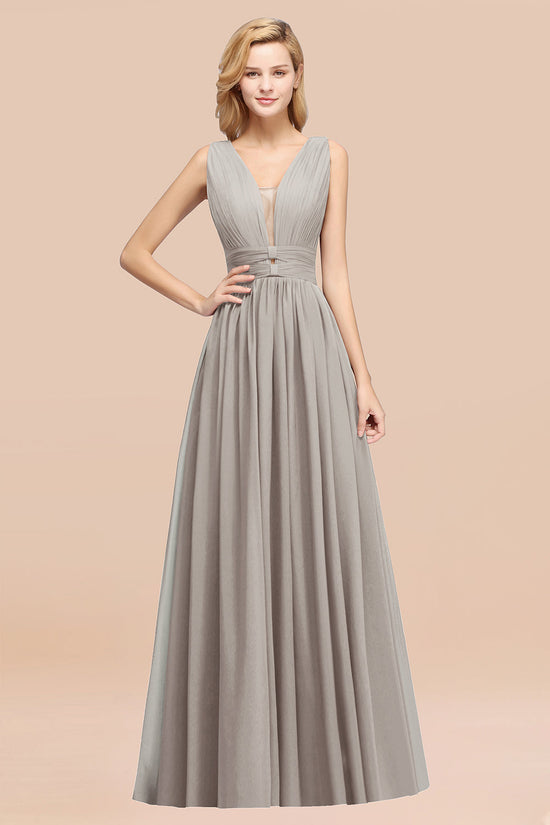 Long A-Line Chiffon V-Neck Sleeveless Bridesmaid Dress-BIZTUNNEL