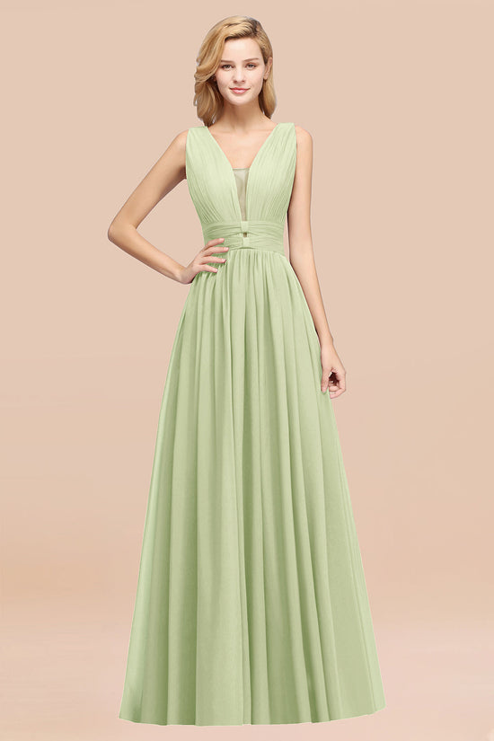Long A-Line Chiffon V-Neck Sleeveless Bridesmaid Dress-BIZTUNNEL