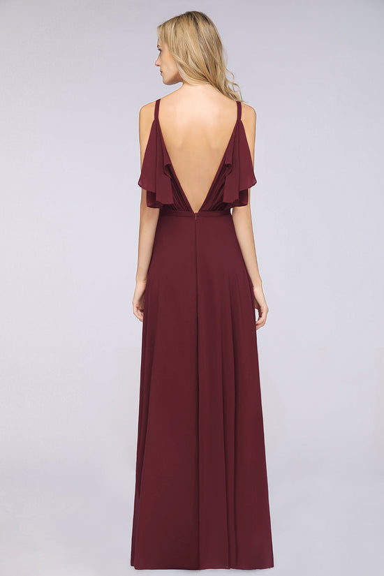 Long A-Line Chiffon V-Neck Straps Sleeveless Backless Bridesmaid Dress with Pearls-BIZTUNNEL