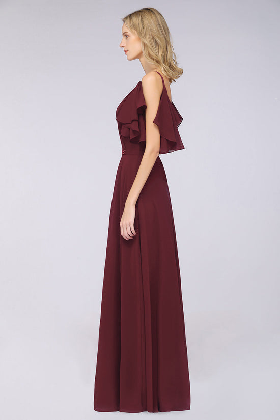 Long A-Line Chiffon V-Neck Straps Sleeveless Backless Bridesmaid Dress with Pearls-BIZTUNNEL