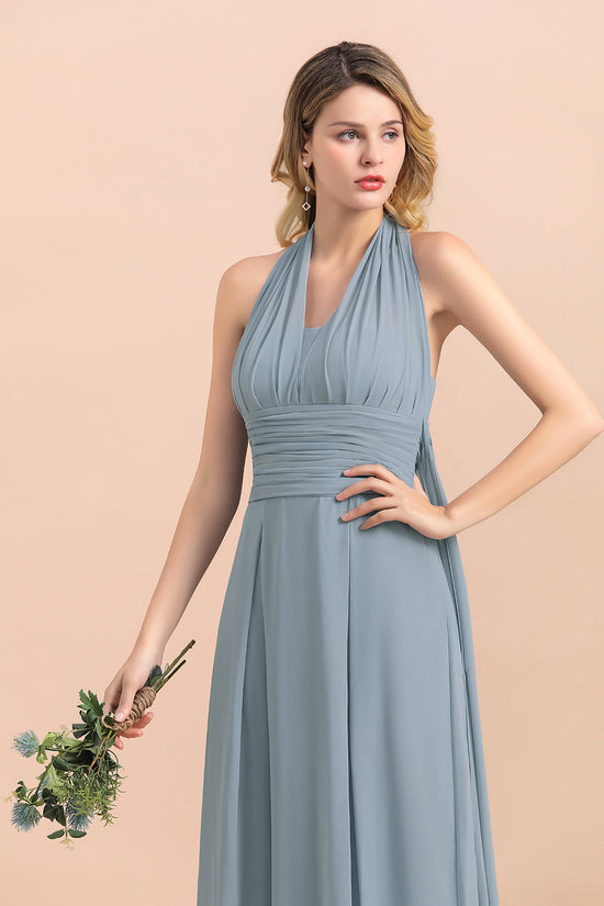 Load image into Gallery viewer, Long A-Line Chiffon Wedding Guest Dress Grey Blue Bridesmaid Dress-BIZTUNNEL
