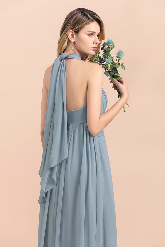 Load image into Gallery viewer, Long A-Line Chiffon Wedding Guest Dress Grey Blue Bridesmaid Dress-BIZTUNNEL
