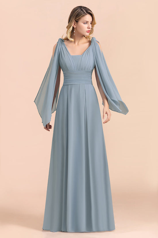 Carregar imagem no visualizador da galeria, Long A-Line Chiffon Wedding Guest Dress Grey Blue Bridesmaid Dress-BIZTUNNEL
