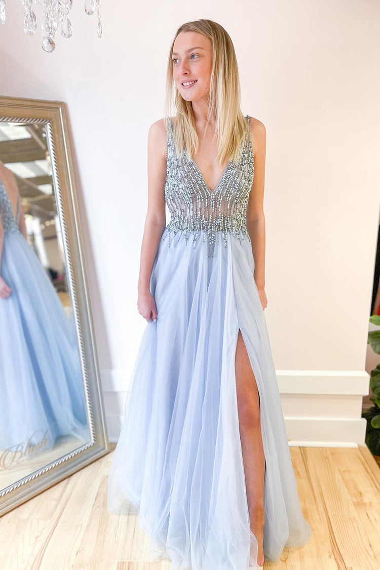 A Line V Neck Beaded Tulle Open Back Prom Dresses LBQ3744