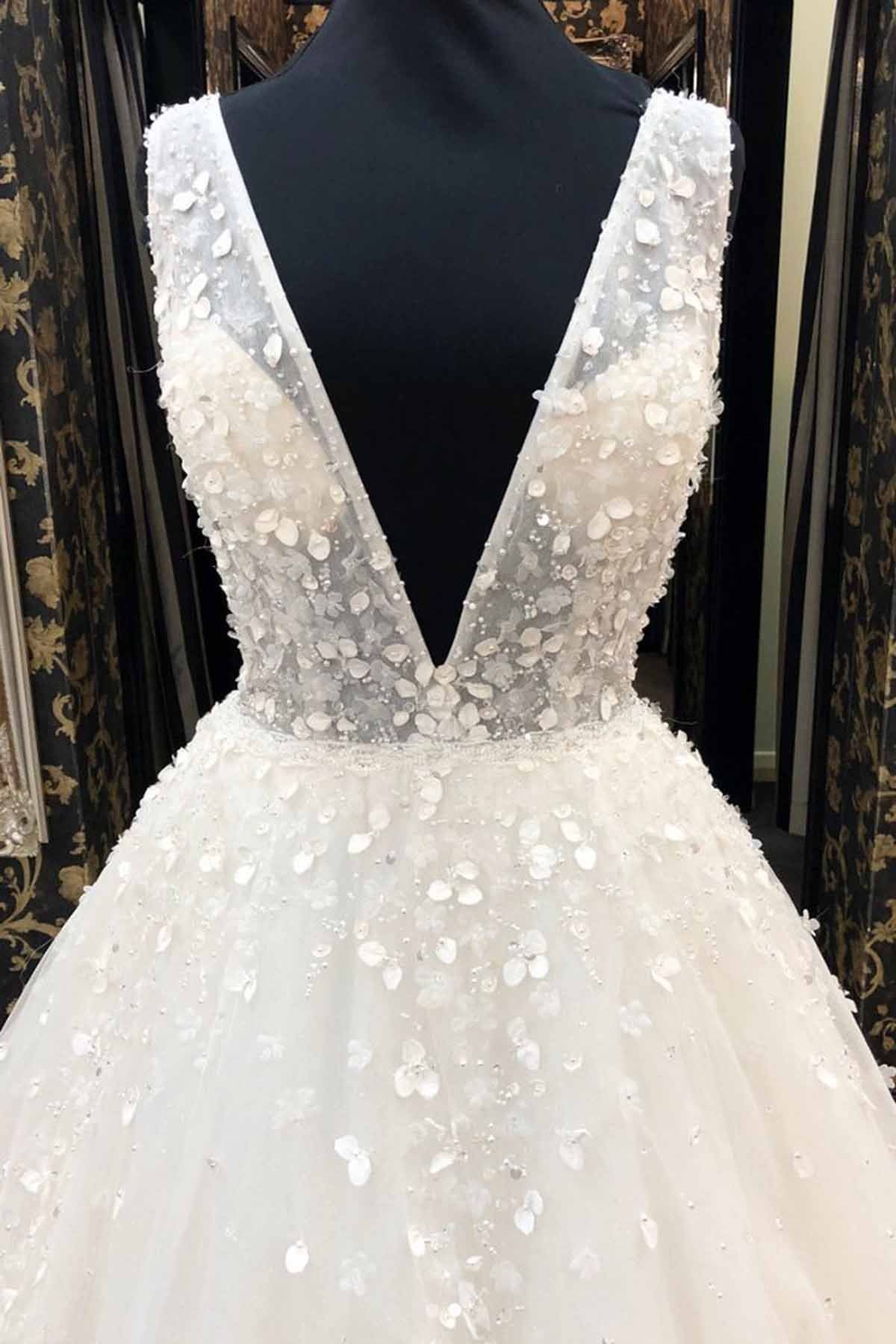 Long A-Line Deep V Neck Tulle Wedding Dress-BIZTUNNEL