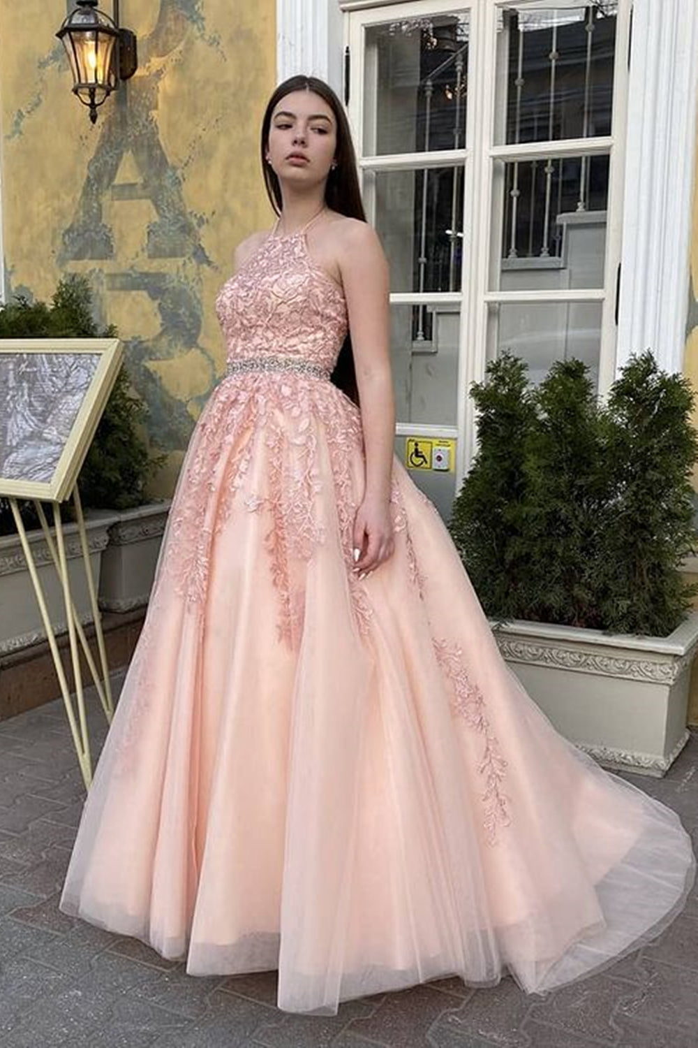 Cargar imagen en el visor de la Galería, Long A-line Halter Backless Tulle Lace Formal Prom Dresses-BIZTUNNEL
