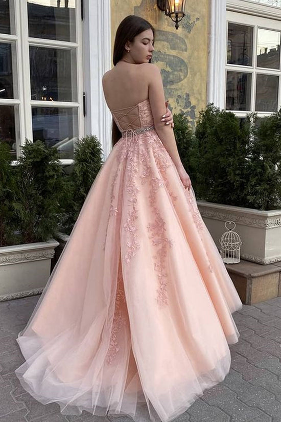 Long A-line Halter Backless Tulle Lace Formal Prom Dresses-BIZTUNNEL