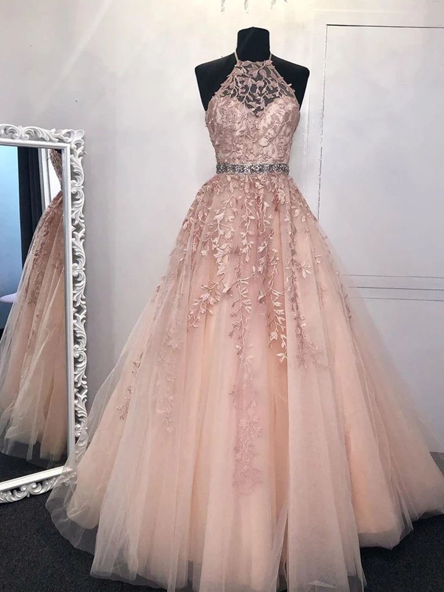Carregar imagem no visualizador da galeria, Long A-line Halter Backless Tulle Lace Formal Prom Dresses-BIZTUNNEL
