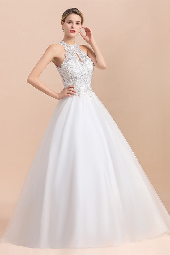 Long A-line Halter Lace Appliques Sequins Sleeveless Wedding Dress-BIZTUNNEL