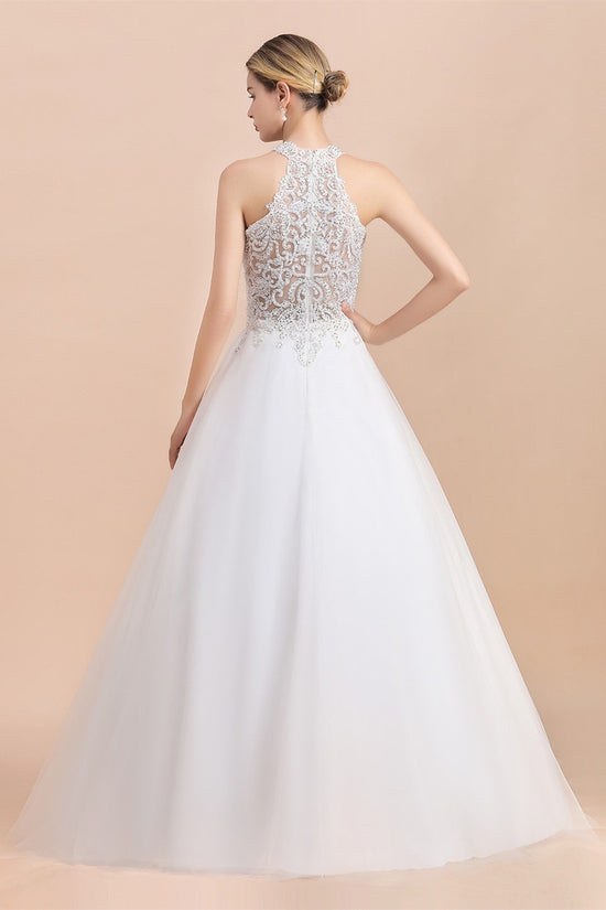 White suspender sequined waist slim A-line long dress bridal dress R5777