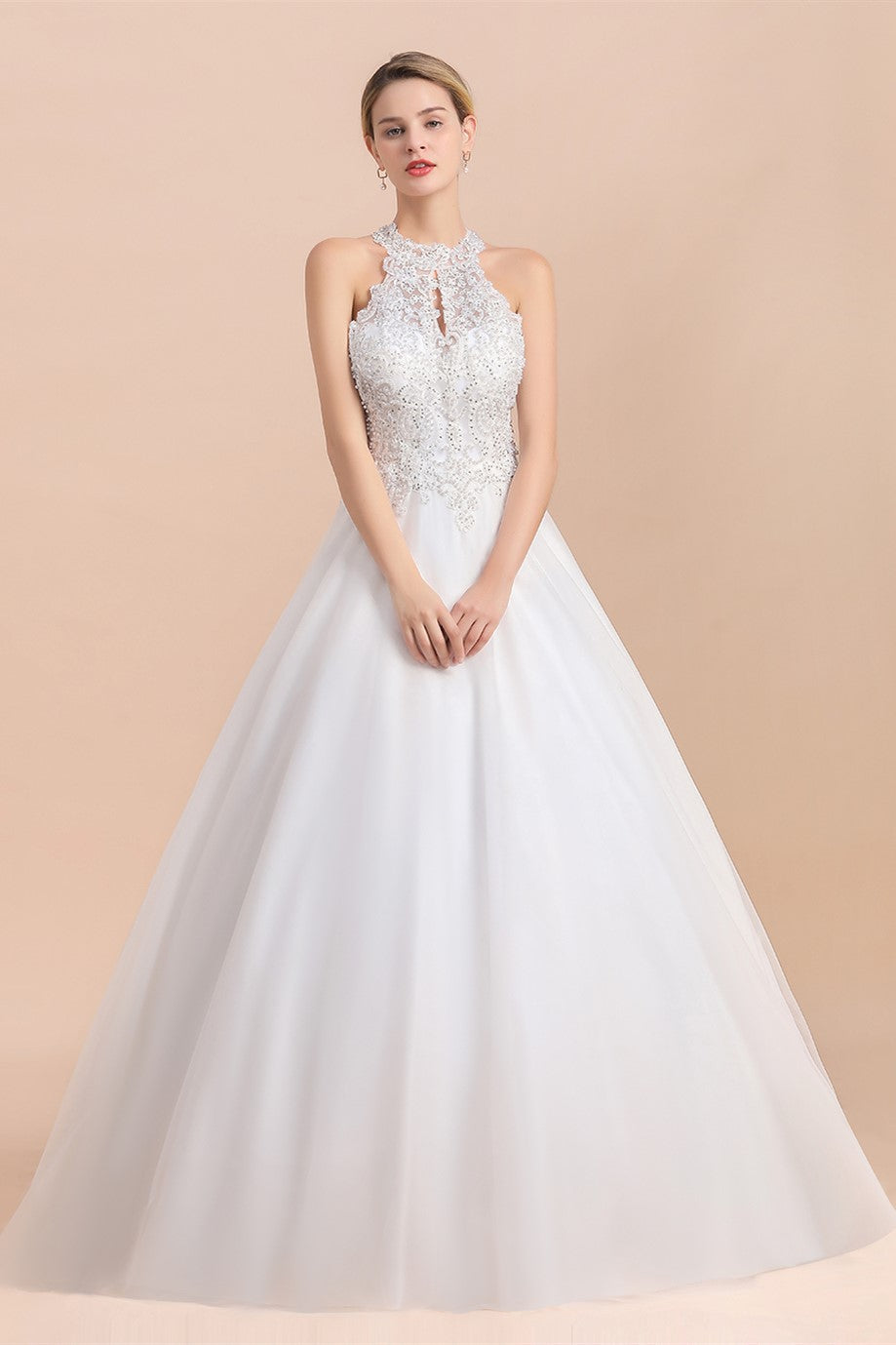 Simple Long A-line Halter Tulle Wedding Dress With Lace main image 1