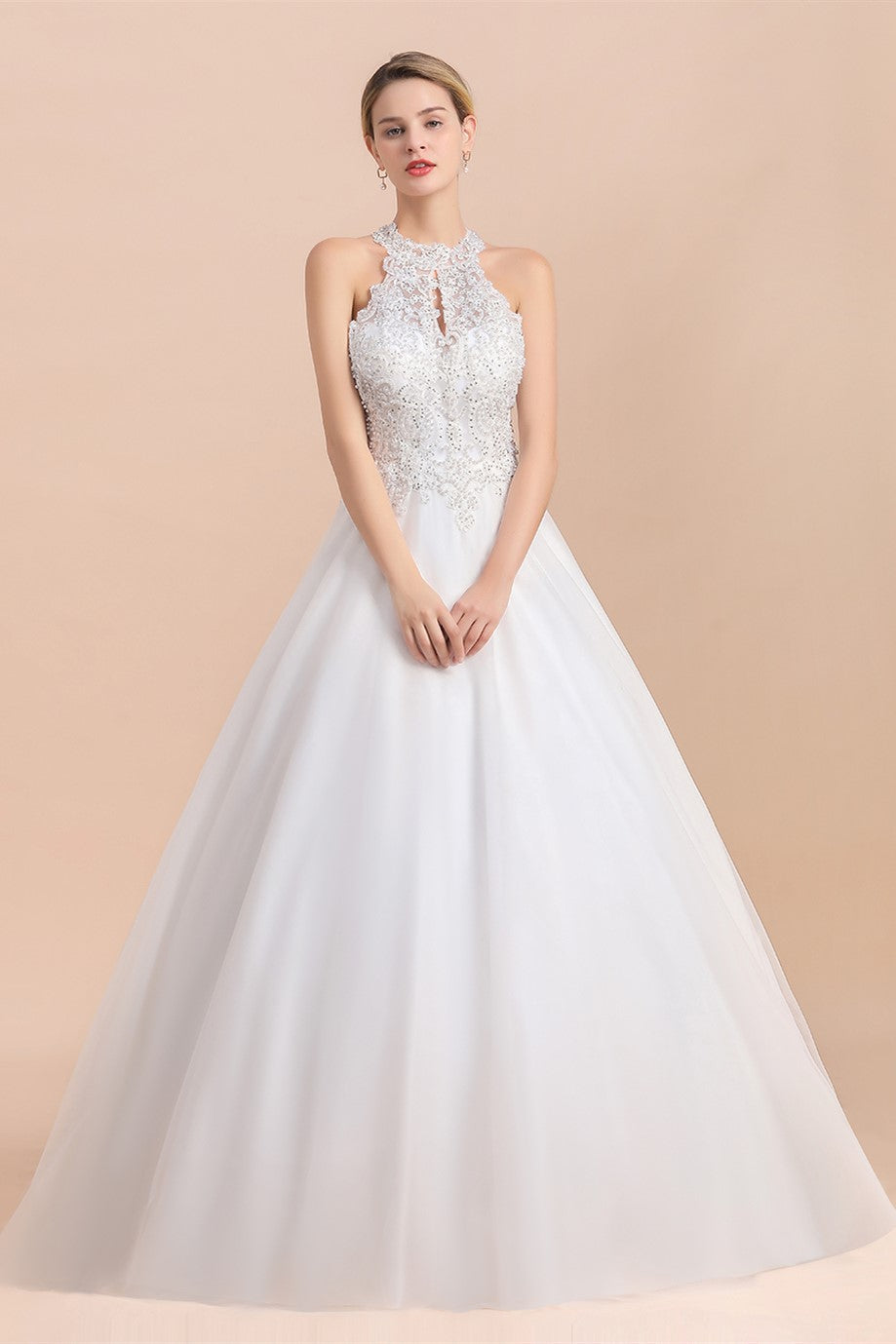 Long A-line Halter Lace Appliques Sequins Sleeveless Wedding Dress-BIZTUNNEL
