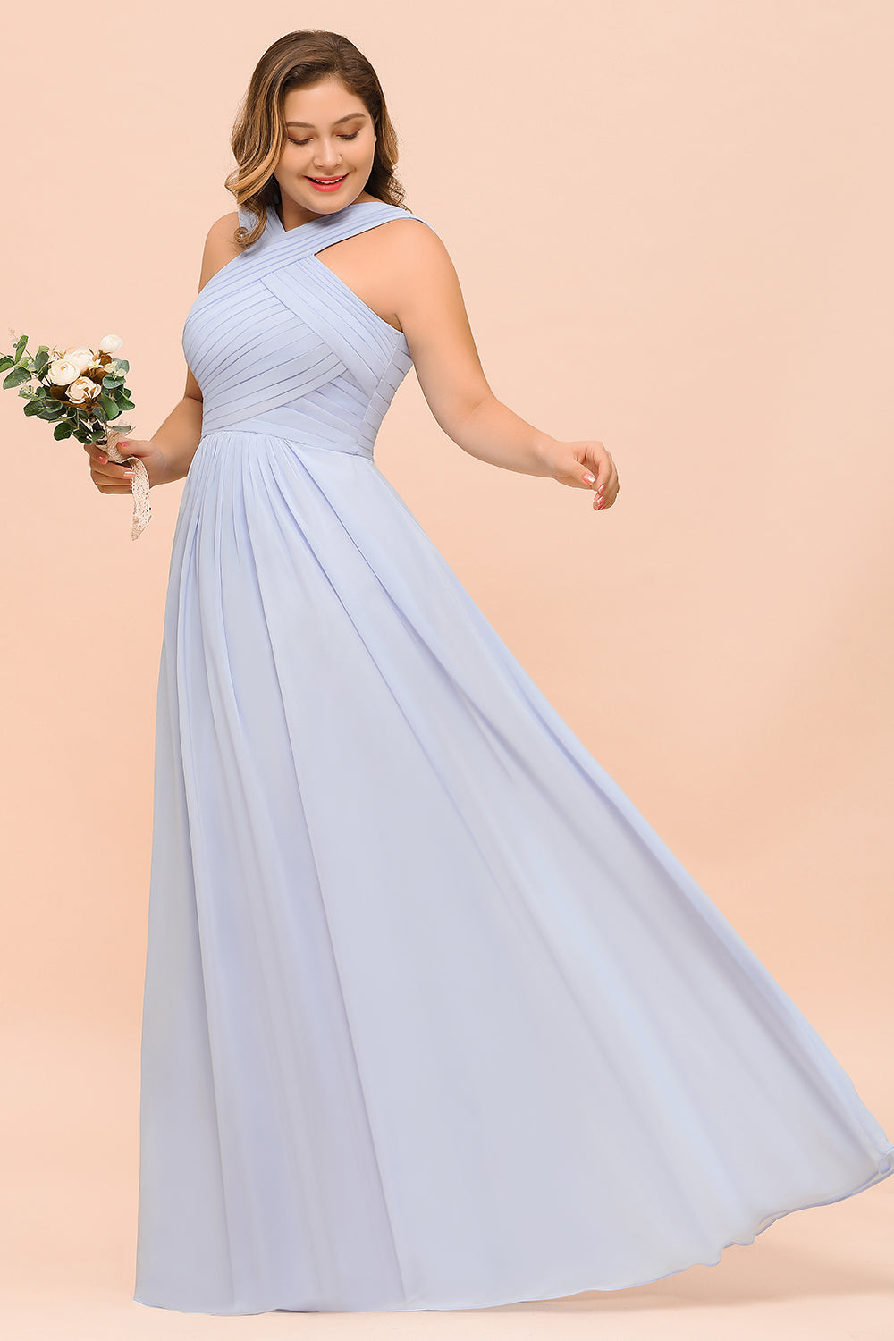 Long A-line Halter Lavender Chiffon Plus Size Bridesmaid Dress with Ru – BIZTUNNEL