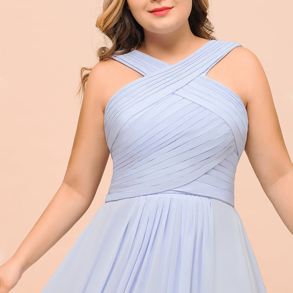 
                  
                    Long A-line Halter Lavender Chiffon Plus Size Bridesmaid Dress with Ruffle-BIZTUNNEL
                  
                