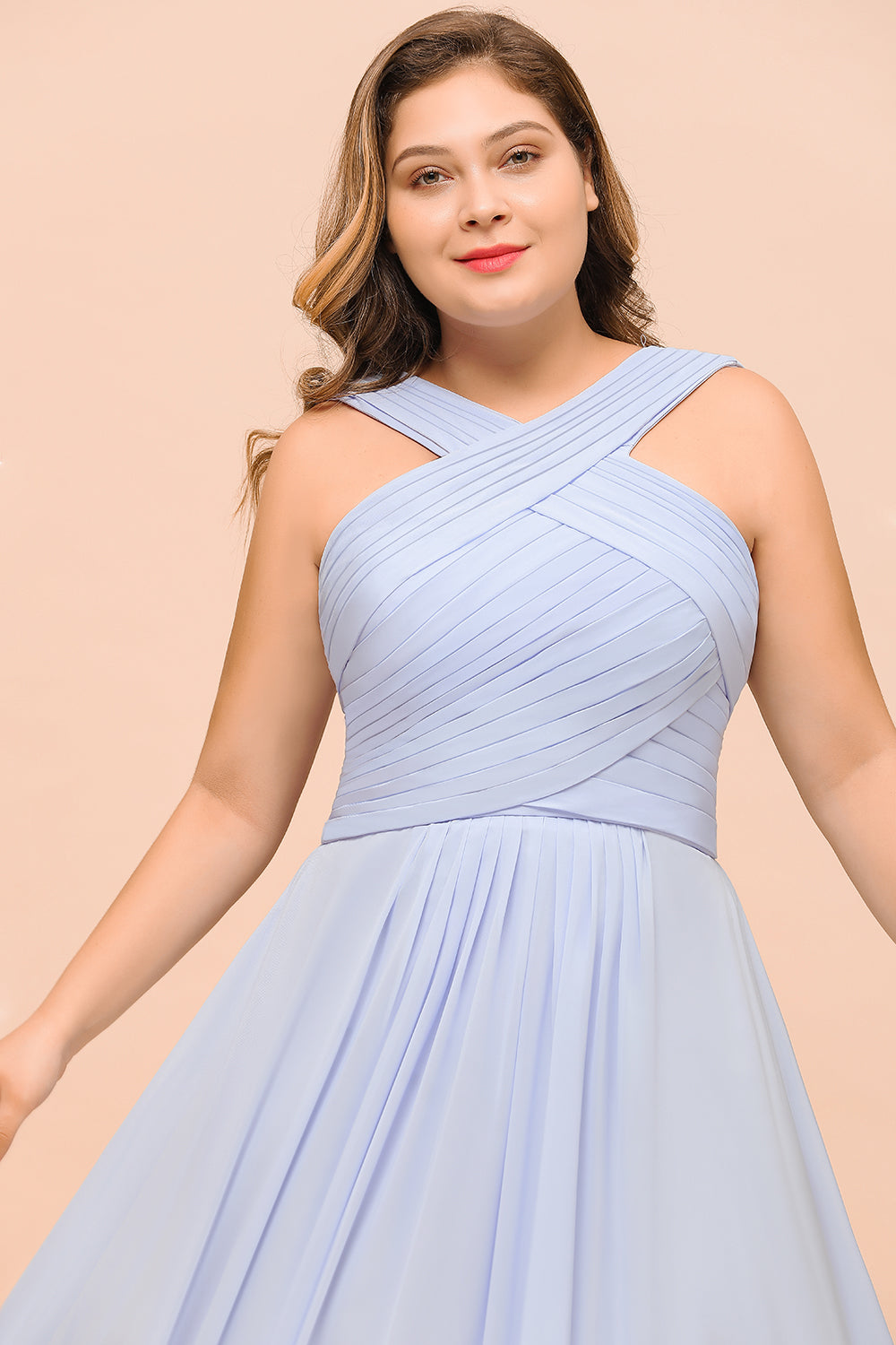 Long A-line Halter Lavender Chiffon Plus Size Bridesmaid Dress with Ruffle-BIZTUNNEL