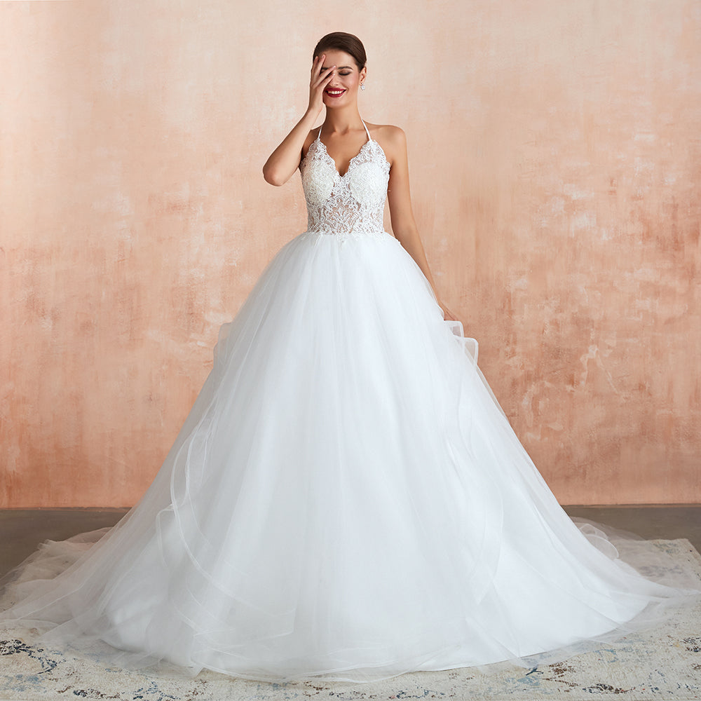 Long A-line Halter Open Back Appliques Tulle Wedding Dress BIZTUNNEL Long A-line Halter Open Back Appliques Tulle Wedding Dress BIZTUNNEL