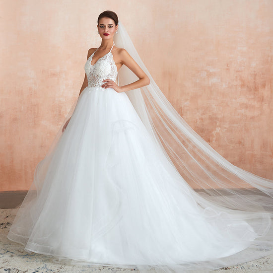 Long A-line Halter Open Back Appliques Tulle Wedding Dress-BIZTUNNEL