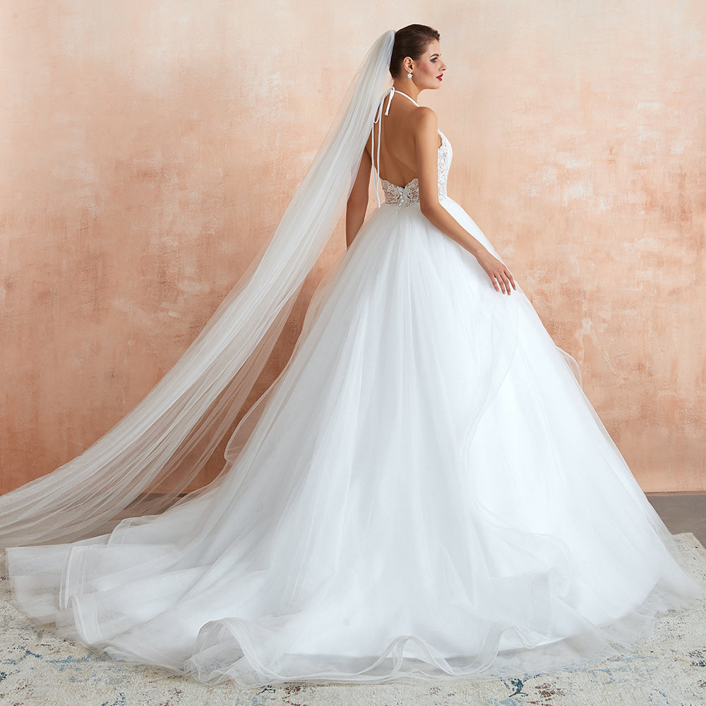 Long A-line Halter Open Back Appliques Tulle Wedding Dress BIZTUNNEL Long A-line Halter Open Back Appliques Tulle Wedding Dress BIZTUNNEL
