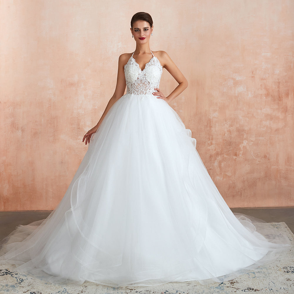 Long A-line Halter Open Back Appliques Tulle Wedding Dress-BIZTUNNEL